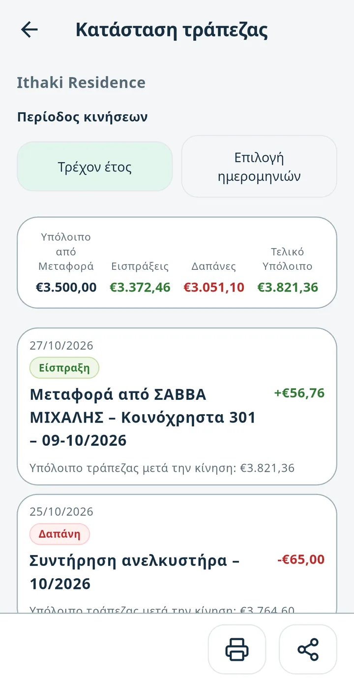 Οθόνη «Κατάσταση τράπεζας» με δοκιμαστικά στοιχεία: υπόλοιπα περιόδου και κινήσεις.